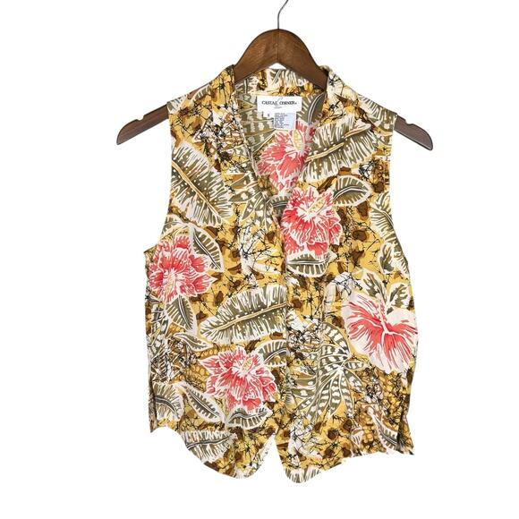 Casual Corner Vintage 100% Silk Yellow Tropical Floral Print Sleeveless Tank Top - Picture 7 of 9